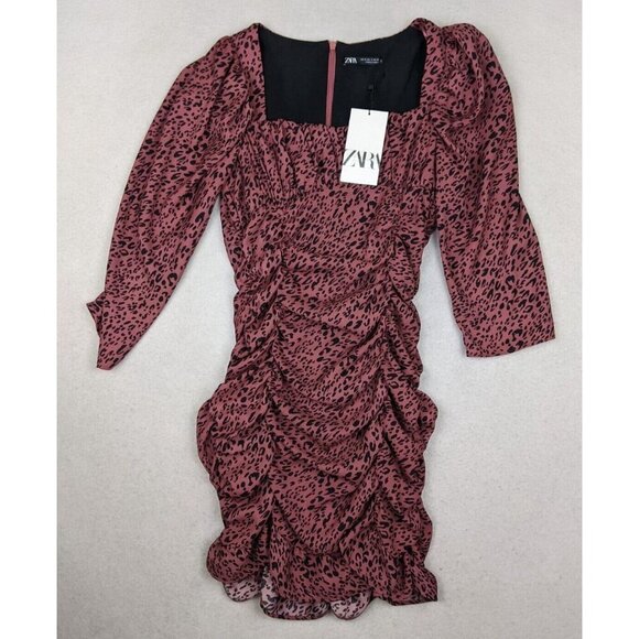 ZARA - WOMEN'S PINK LEOPARD ANIMAL PRINT RUCHED 3/4 SLEEVE DRESS - SIZE S - Picture 1 of 7